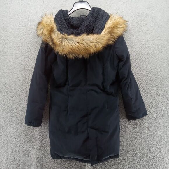 Sam Edelman Coat Womens Medium Navy Blue Mid Length Down Parka Jacket Fur Hood - Picture 7 of 9